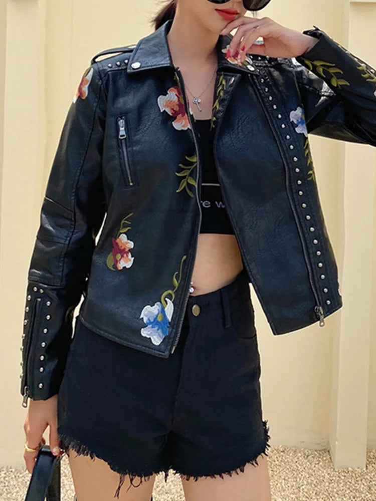 Ailegogo Vintage Floral Faux Leather Jacket – Retro Rebel Vibes with Anime Elegance