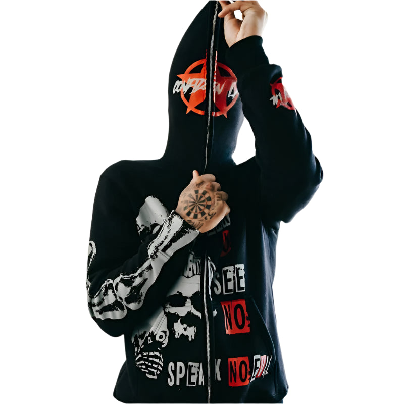 Men's Skull Letter Graphic Gothic Print Streetwear Oversized Hoodie Y2k Clothes Grunge Zip Hoodie Hip hop Long Sleeve hoodie new