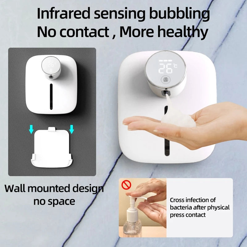 Side-by-side layout of soap dispenser in use, showing wall-mount and no-contact benefits