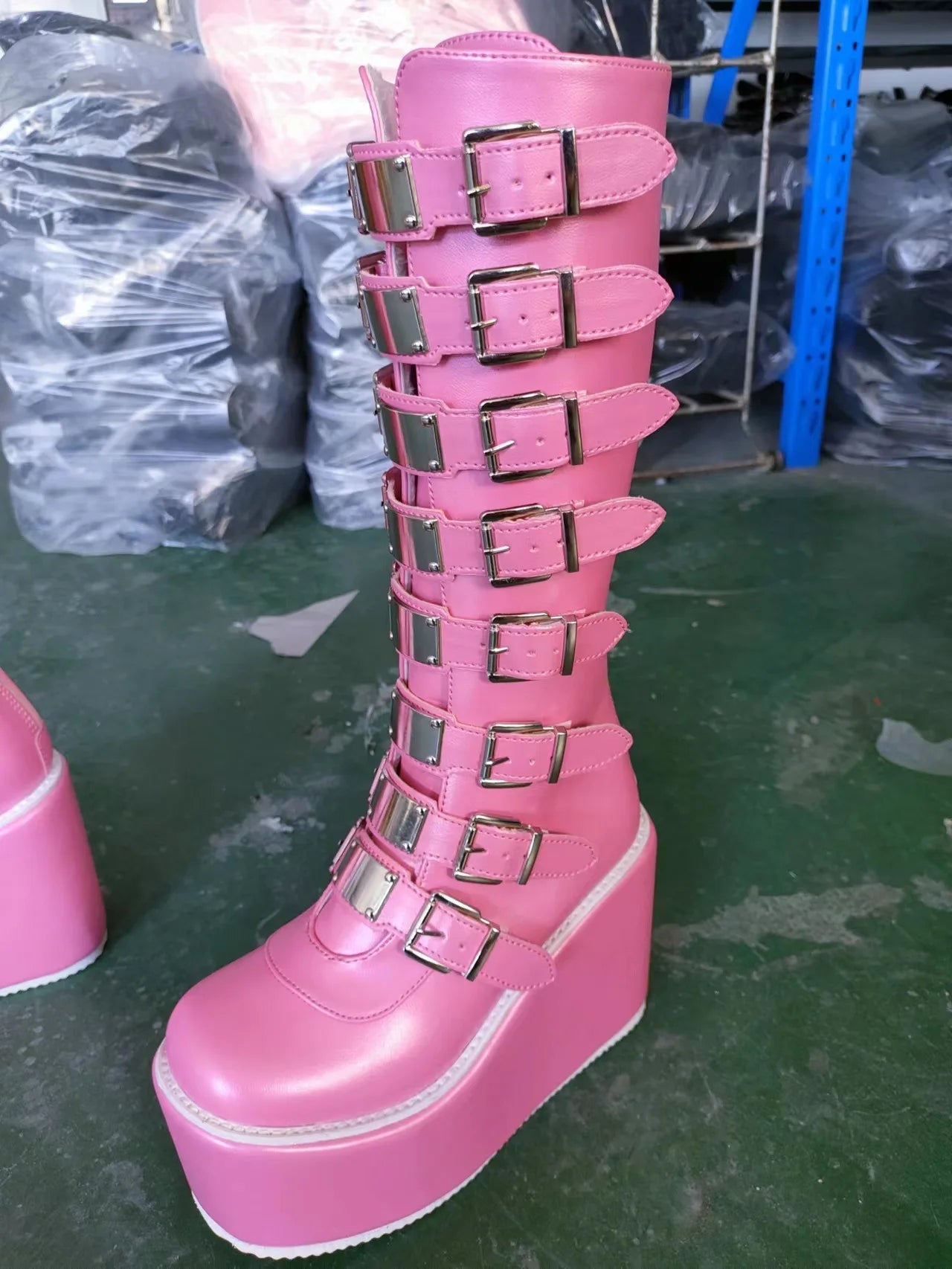 Pink Heart Buckle Knee-High Boots – Kawaii Goth Platform Power for Cosplay Queens