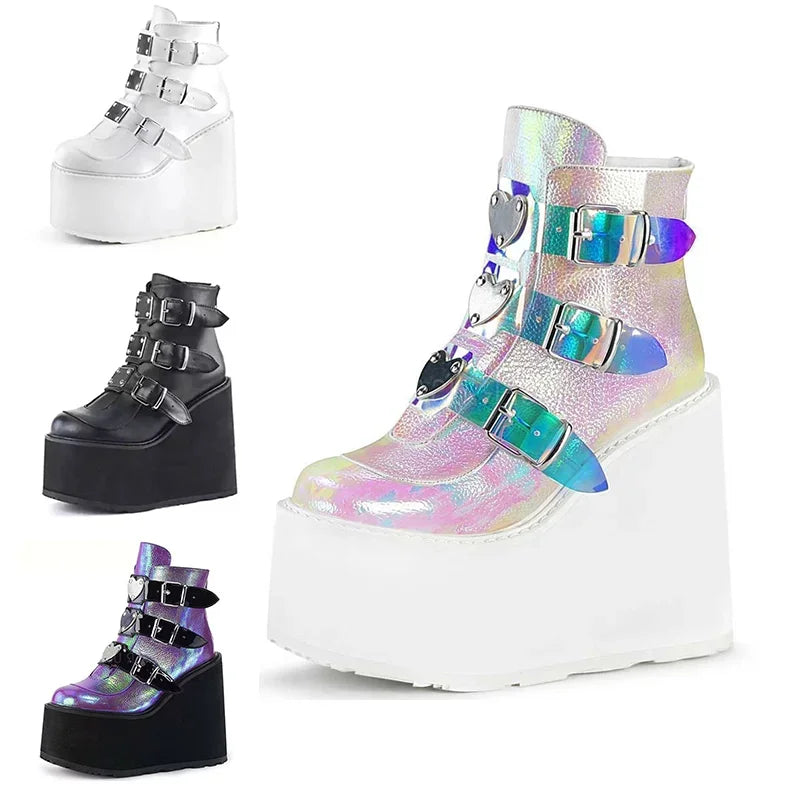 Punk Platform Ankle Boots – 8CM Wedge Power with Metal Buckle Attitude