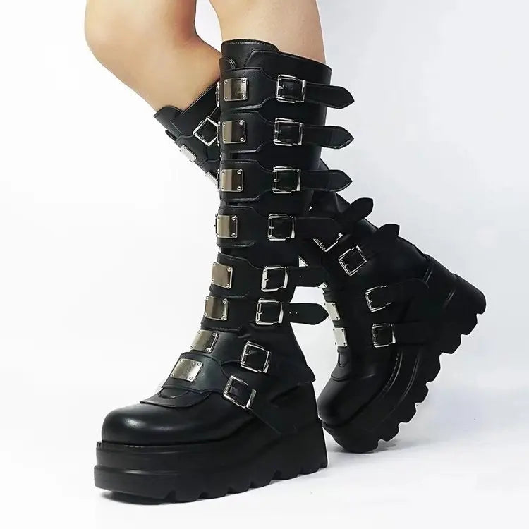 Platform Knee-High Boots – Punk Princess Power with Anime Motorcycle Vibes