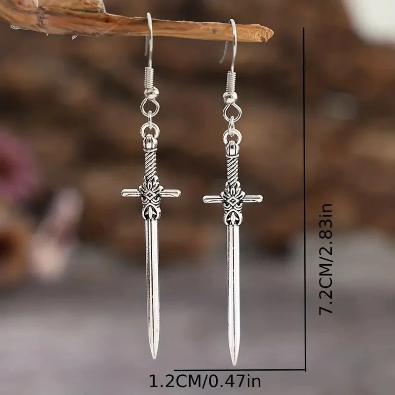 Vintage Cross Sword Pendant Dangle Earrings