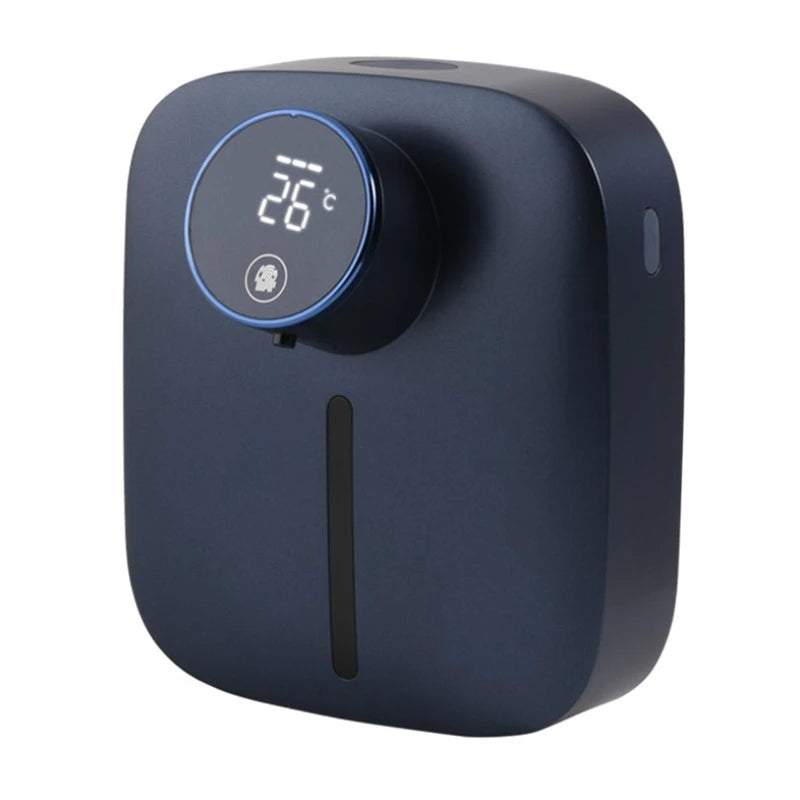Side view of navy blue automatic soap dispenser with LED display powered on