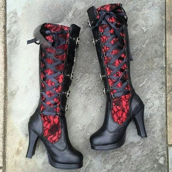 Chunky Platform Bowknot Boots – Lace-Up Mid-Calf Magic with Anime Girl Power