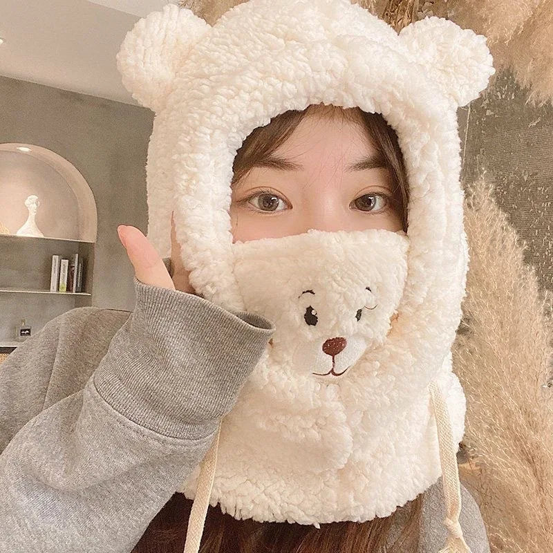 Winter Cute Bear Ear Warm Hat Women Plush Earflap Beanie Girls Windproof Skull Cap