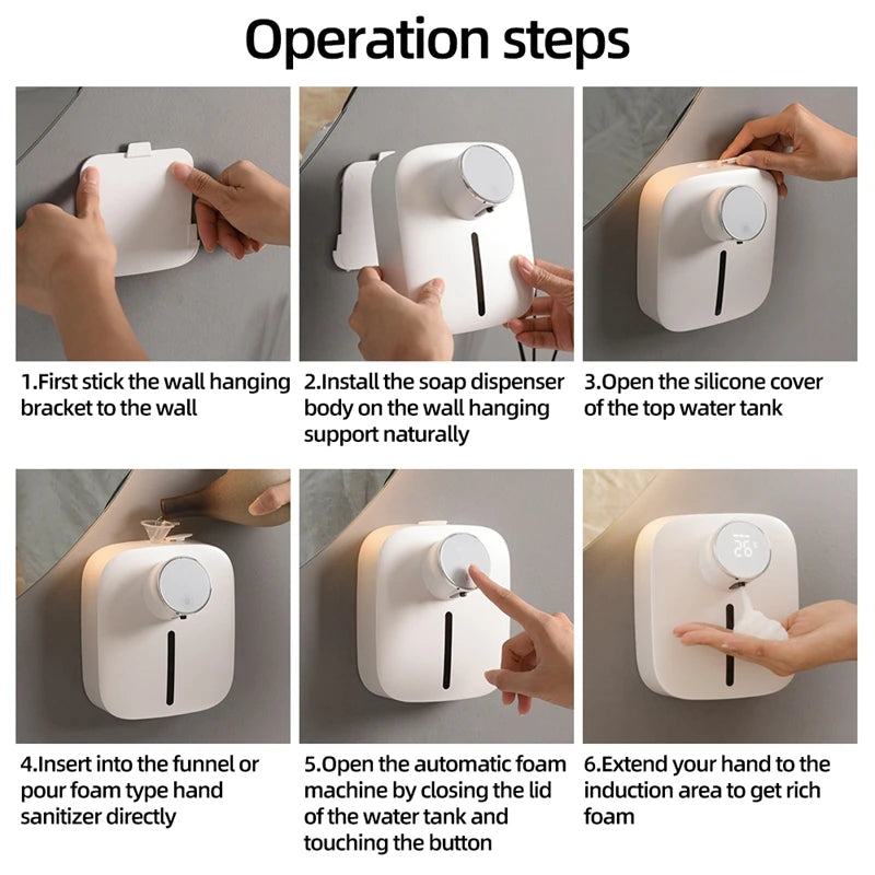 Step-by-step installation and use guide for automatic soap dispenser with illustrations
