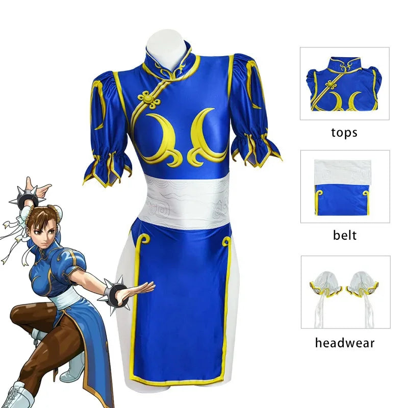 Chun-Li Cosplay Costume – Blue Qipao Fighter Fit for a Gaming Legend