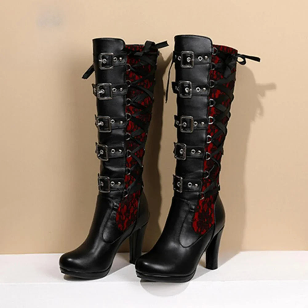 Chunky Platform Bowknot Boots – Lace-Up Mid-Calf Magic with Anime Girl Power