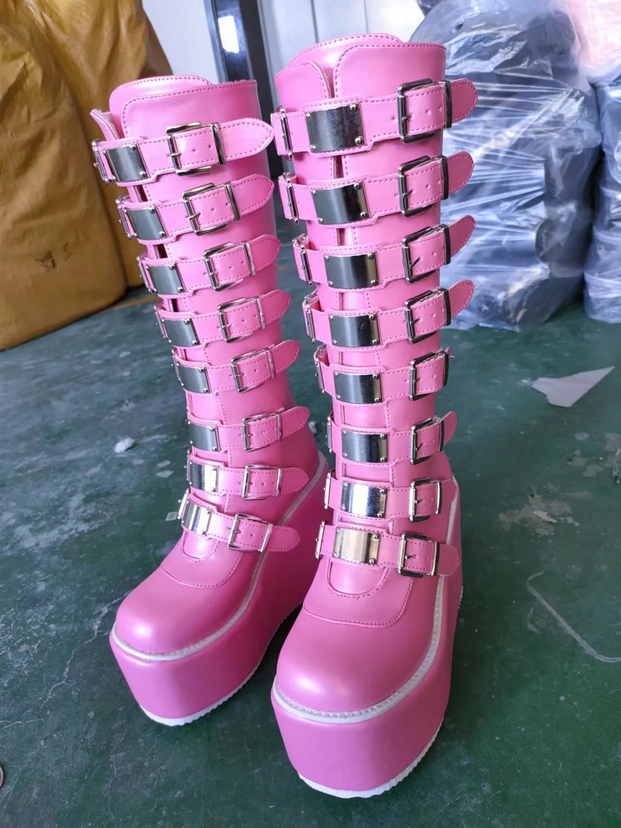 Pink Heart Buckle Knee-High Boots – Kawaii Goth Platform Power for Cosplay Queens