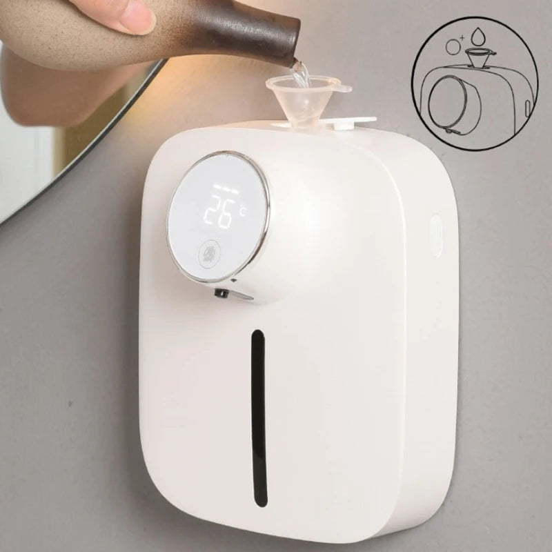Funnel refill shot of automatic soap dispenser showing top refill port