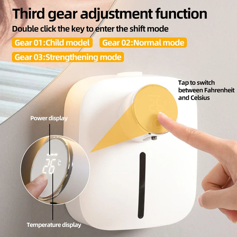 User pressing display to switch foam modes on automatic soap dispenser (child, normal, strong)