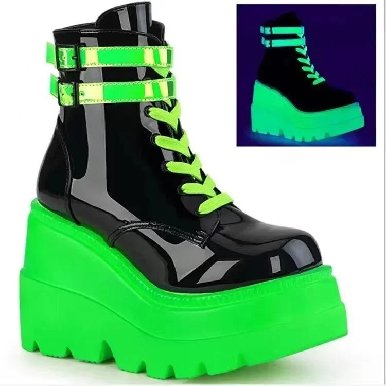 Green Platform Ankle Boots – Zip-Up Party Heels with Anime Luxe Energy