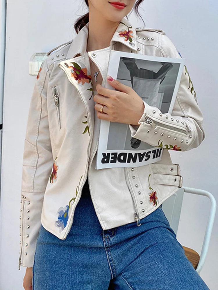 Ailegogo Vintage Floral Faux Leather Jacket – Retro Rebel Vibes with Anime Elegance