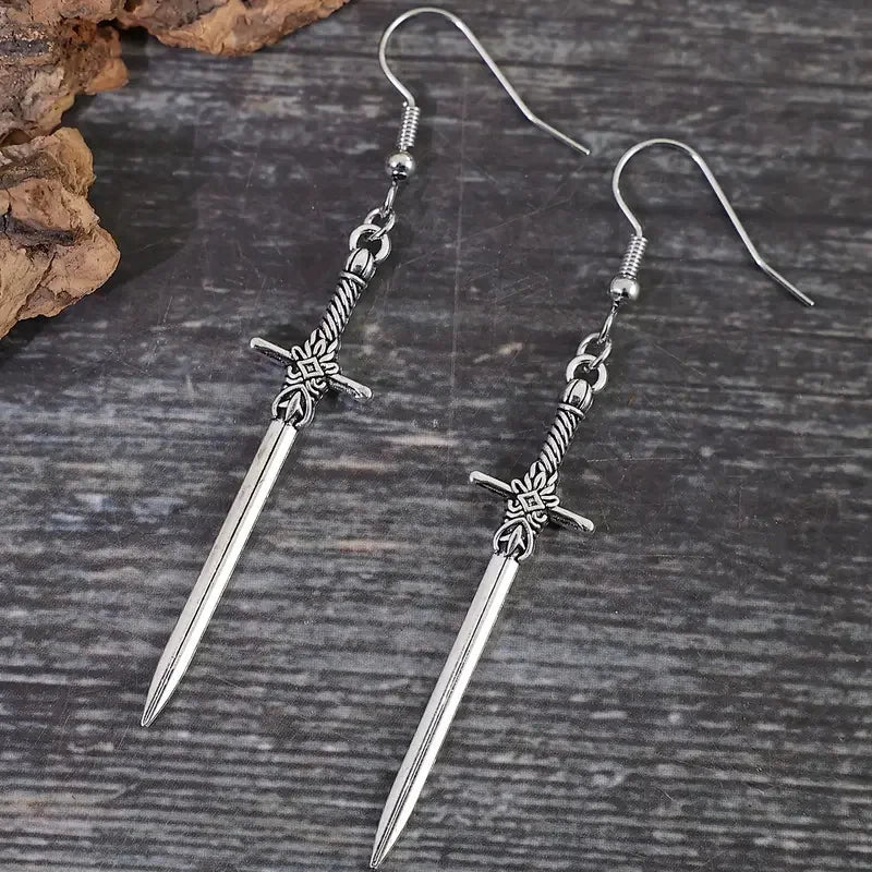 Vintage Cross Sword Pendant Dangle Earrings