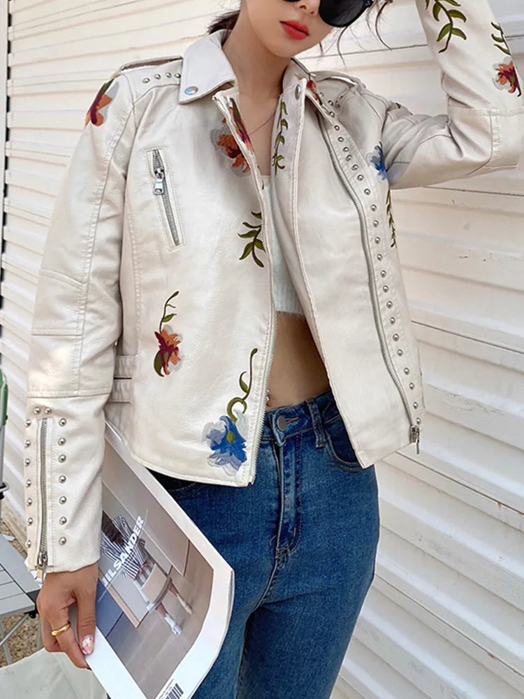 Ailegogo Vintage Floral Faux Leather Jacket – Retro Rebel Vibes with Anime Elegance