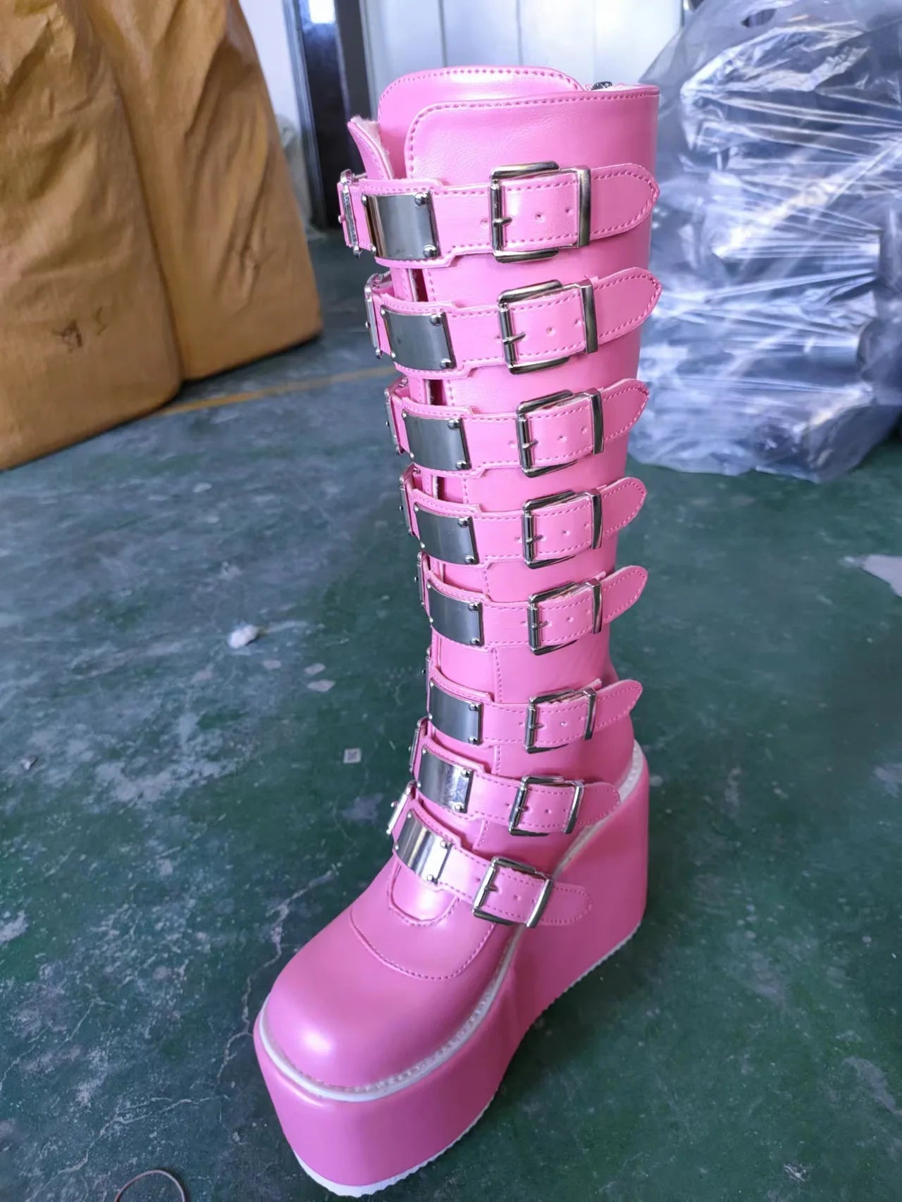 Pink Heart Buckle Knee-High Boots – Kawaii Goth Platform Power for Cosplay Queens