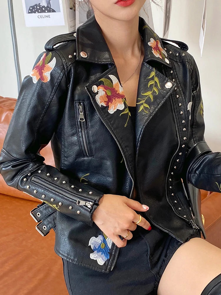 Ailegogo Vintage Floral Faux Leather Jacket – Retro Rebel Vibes with Anime Elegance