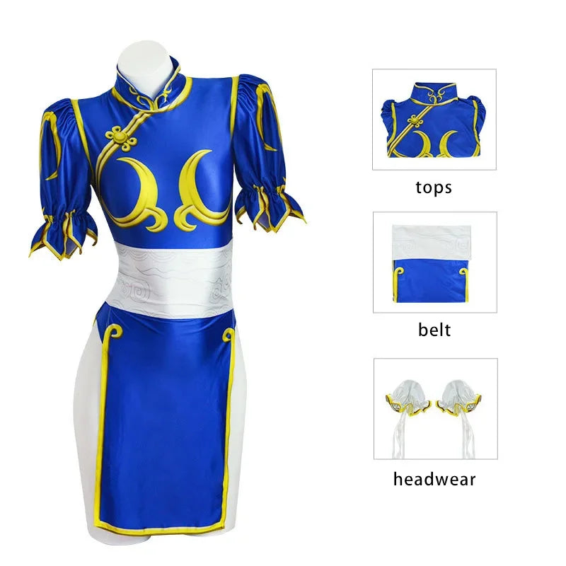 Chun-Li Cosplay Costume – Blue Qipao Fighter Fit for a Gaming Legend