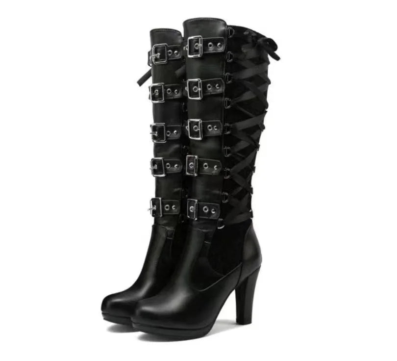 Chunky Platform Bowknot Boots – Lace-Up Mid-Calf Magic with Anime Girl Power