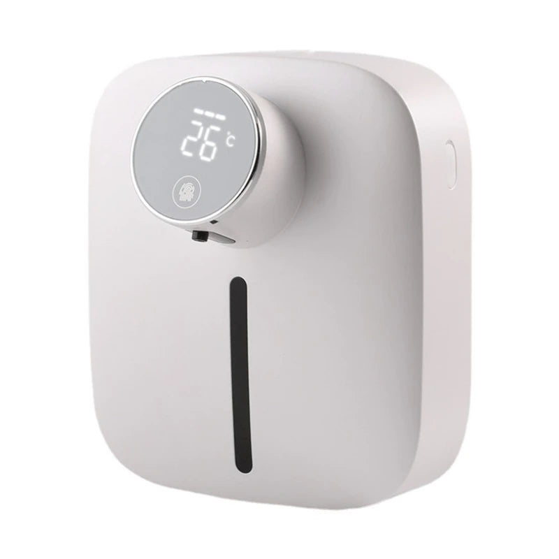 Front angled view of automatic soap dispenser with LED temperature display