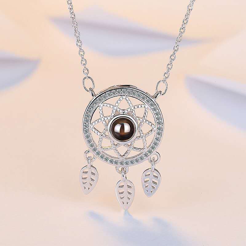 100 languages, I love you, dreamcatcher, projection necklace, silver clavicle chain