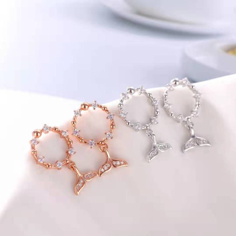 S925 sterling silver needlefish tail zircon delicate net red drop earrings cute sweet earrings ear clip