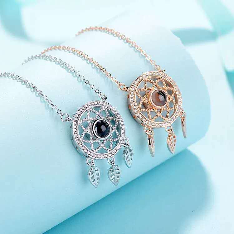 100 languages, I love you, dreamcatcher, projection necklace, silver clavicle chain