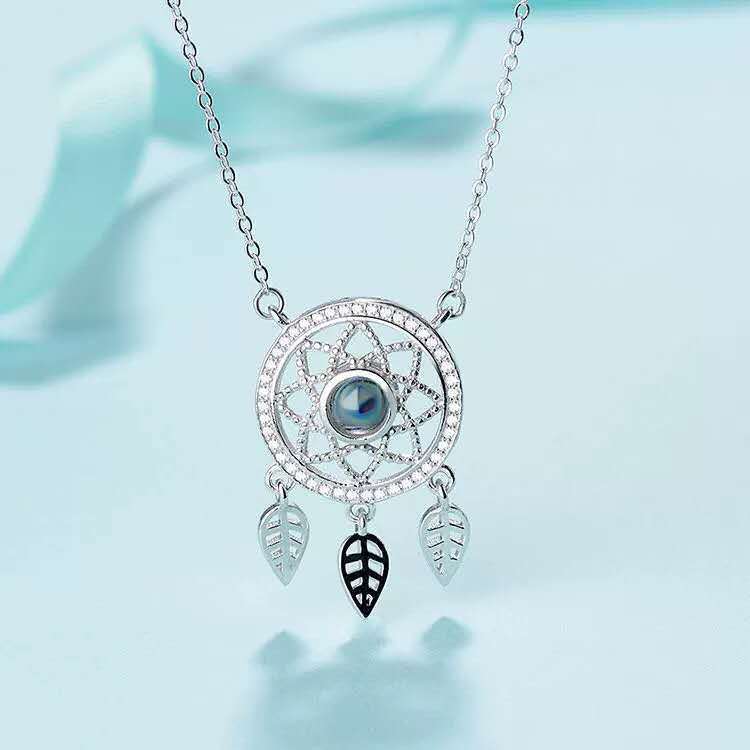100 languages, I love you, dreamcatcher, projection necklace, silver clavicle chain