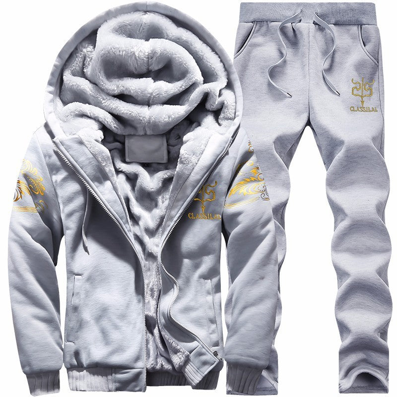 Cross border winter casual sports suit men's hooded and plush thick long sleeve pants two-piece large-size loose trend