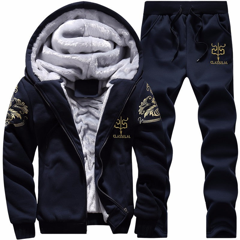 Cross border winter casual sports suit men's hooded and plush thick long sleeve pants two-piece large-size loose trend