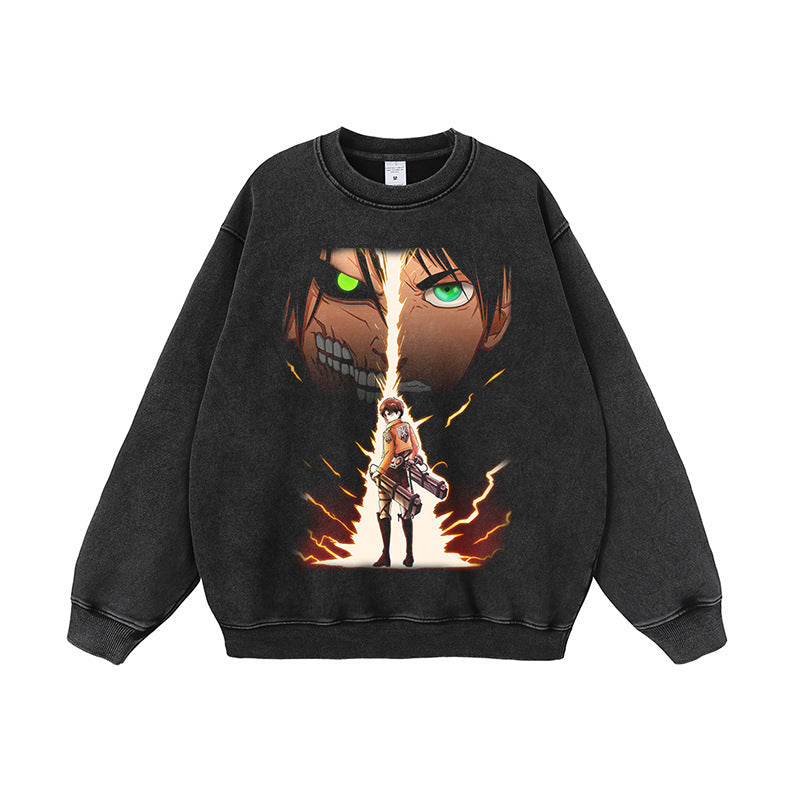 American street hip-hop cartoon print wash distressed long-sleeved sweatshirt