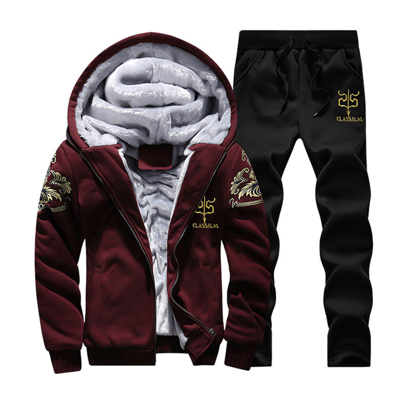 Cross border winter casual sports suit men's hooded and plush thick long sleeve pants two-piece large-size loose trend