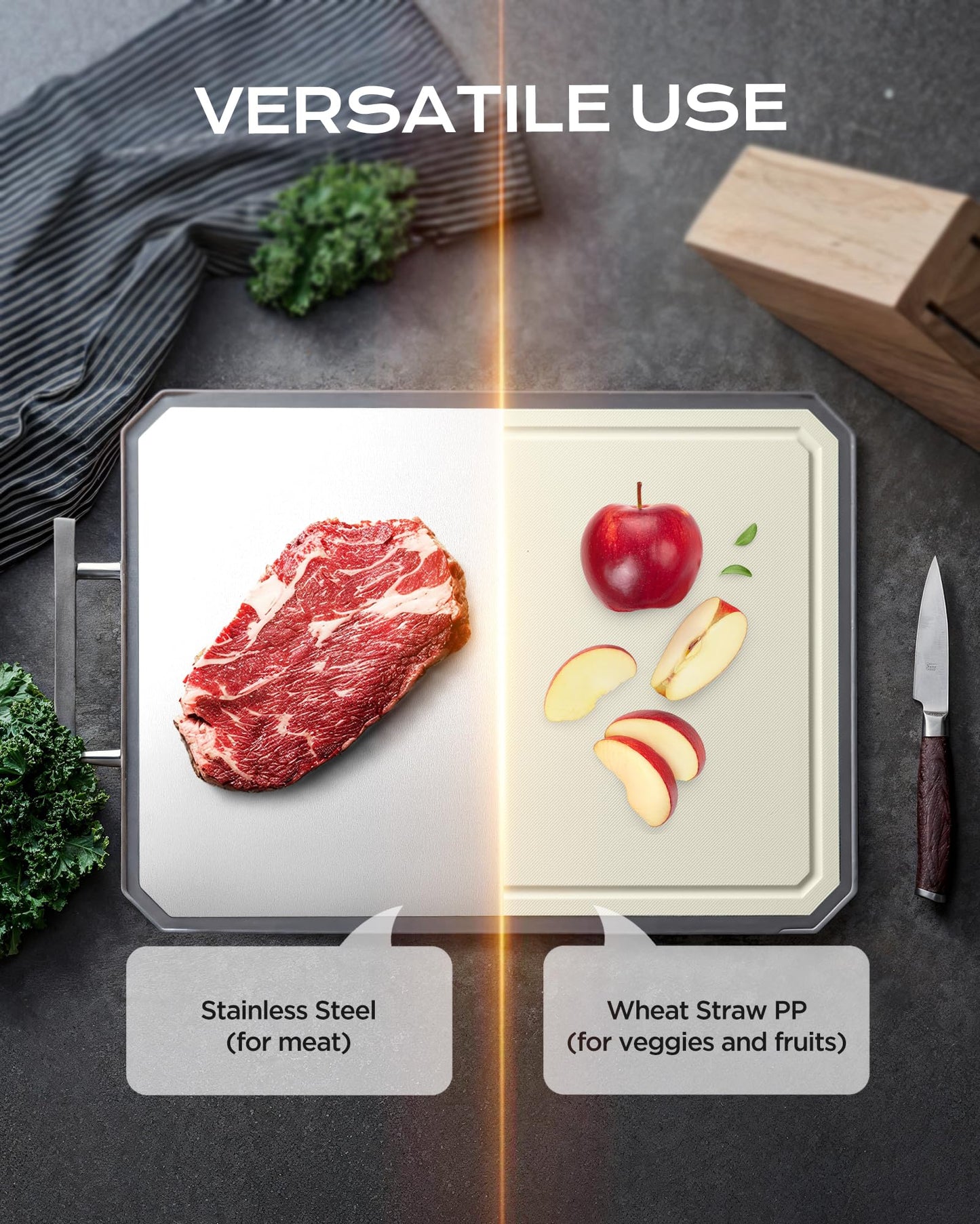 SNOWCLAD Stainless Steel Cutting Board,Double Sided Steel Cutting Boards for kitchen,Stainless Steel/Wheat straw pp Large Cutting Board for meat,Dishwasher Safe,non toxic Chopping Board,16 * 11 Inch