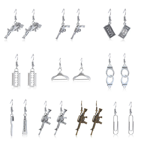 1Pair Punk Handcuffs Blade Gun Drop Earrings Women Simple Fashion Cool Pistols Ear Stud Jewelry Accessories