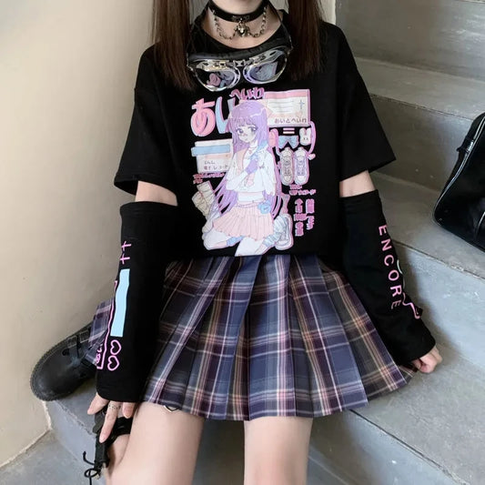 Japanese Streetwear E Girl Anime Tshirt Clothes With Arm Cover Graphic Top Harajuku Kawaii