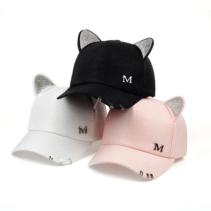 meow Women's Summer fall black white Pink hat Cat ears Cat Baseball cap