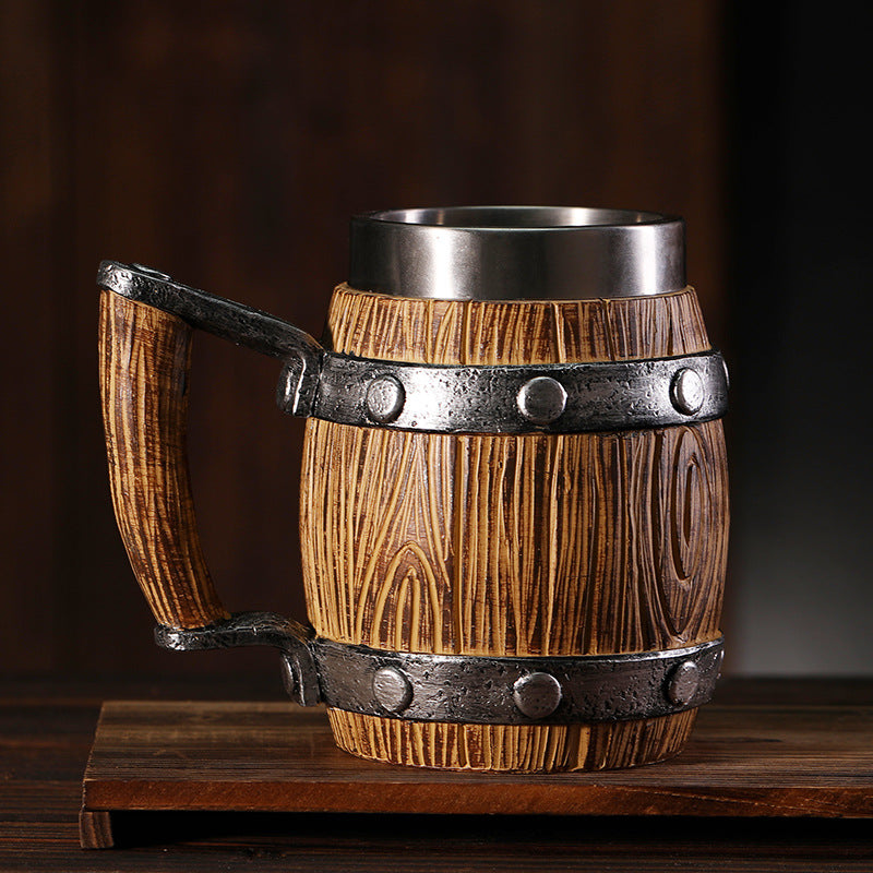 Cross-border new wooden barrel beer mug creative large capacity bar mug water cup personality imitation wood stainless steel mug