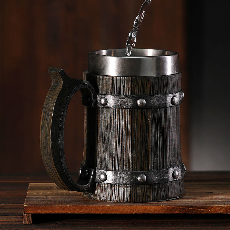 Cross-border new wooden barrel beer mug creative large capacity bar mug water cup personality imitation wood stainless steel mug