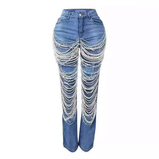 RIPPED HEAVY INDUSTRY BEADED BEADED STRETCH JEANS TROUSERS WOMEN'S JEANS