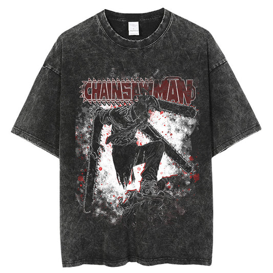 Chainsaw Men's Shirt Cotton Vintage Washed Anime Cotton T-Shirt American Street Plus Size Men's Top Harajuku Style