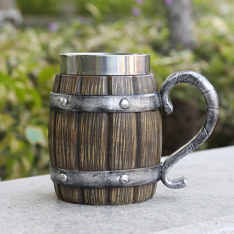 Cross-border new wooden barrel beer mug creative large capacity bar mug water cup personality imitation wood stainless steel mug