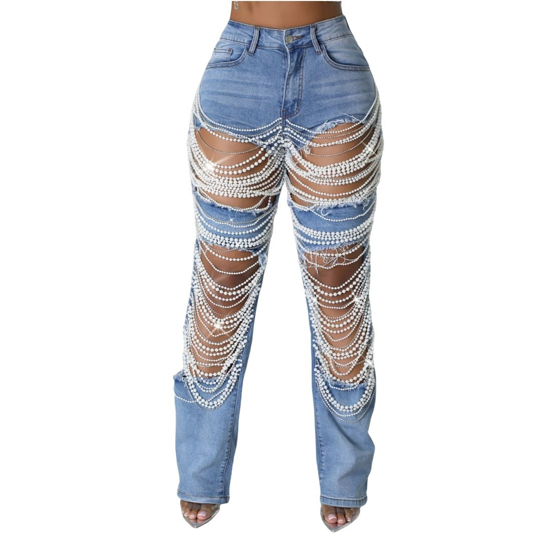 RIPPED HEAVY INDUSTRY BEADED BEADED STRETCH JEANS TROUSERS WOMEN'S JEANS