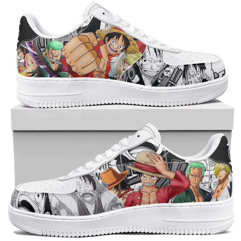 One Piece Low-Top PU Sneakers  Anime Graphic Shoes for Men & Women with Lace-Up Design