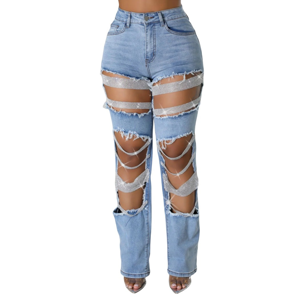 RIPPED HEAVY INDUSTRY BEADED BEADED STRETCH JEANS TROUSERS WOMEN'S JEANS