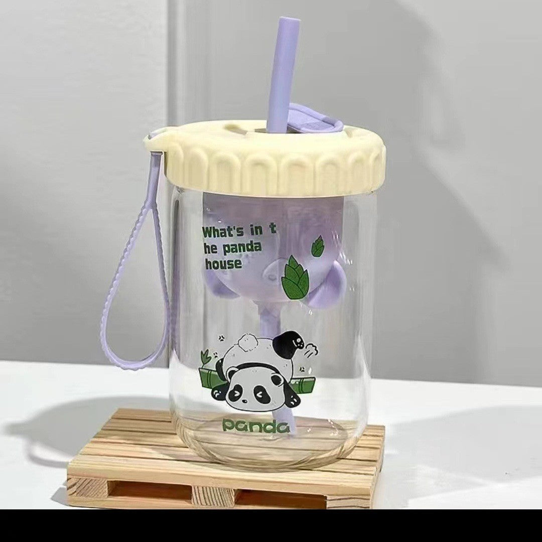 (2pcs) Glass Cup Set-Portable borosilicate water cup with lid straw cup tea drain cup.