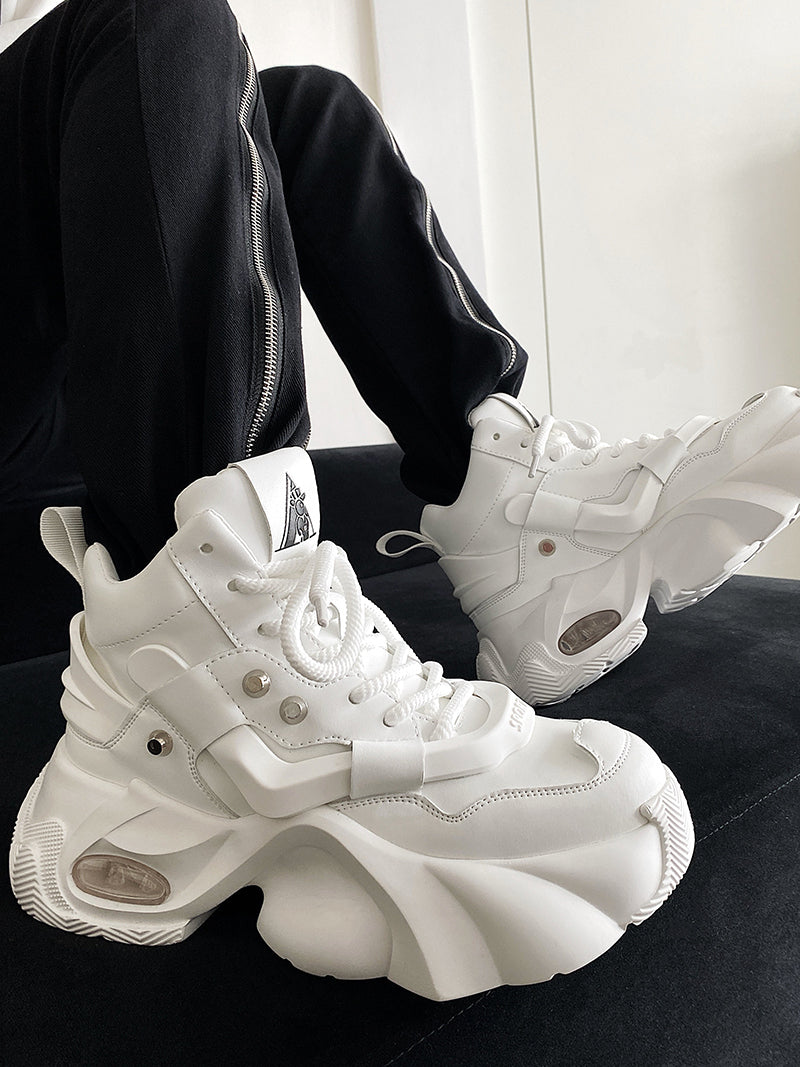 White Samurai Dad Sneakers  High-Top Thick-Soled Streetwear Shoes with Breathable Design