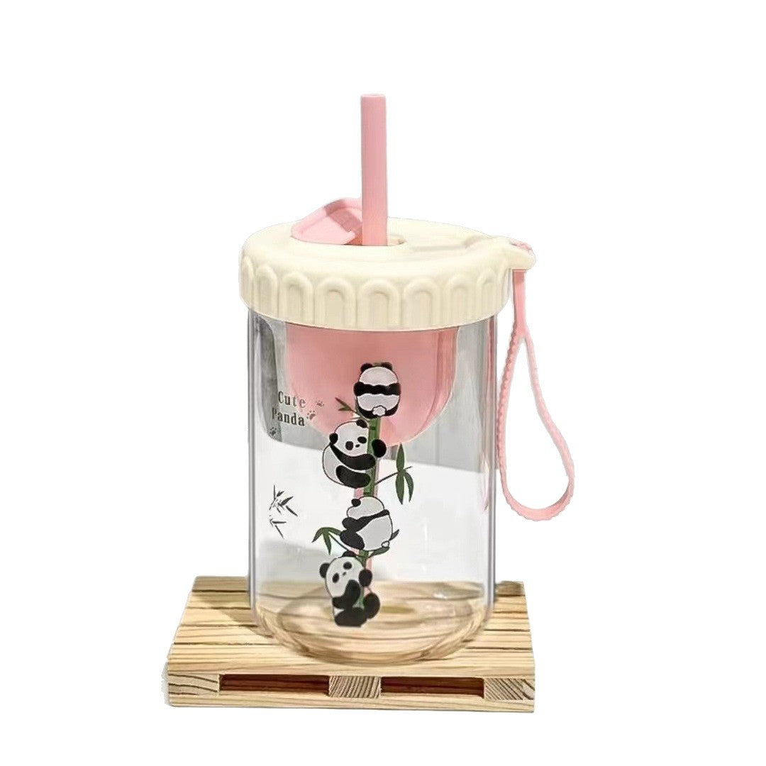 (2pcs) Glass Cup Set-Portable borosilicate water cup with lid straw cup tea drain cup.