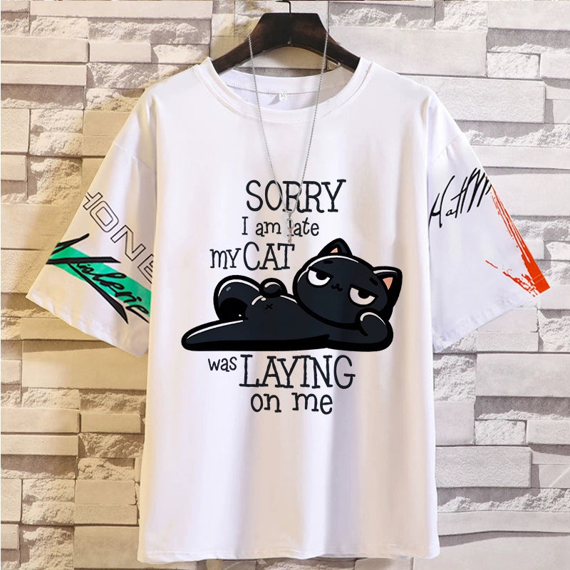 Spoof Cat Short Sleeve T-Shirt for Men and Women Summer Anime Peripheral Loose Casual Teen Clothes Tide Style