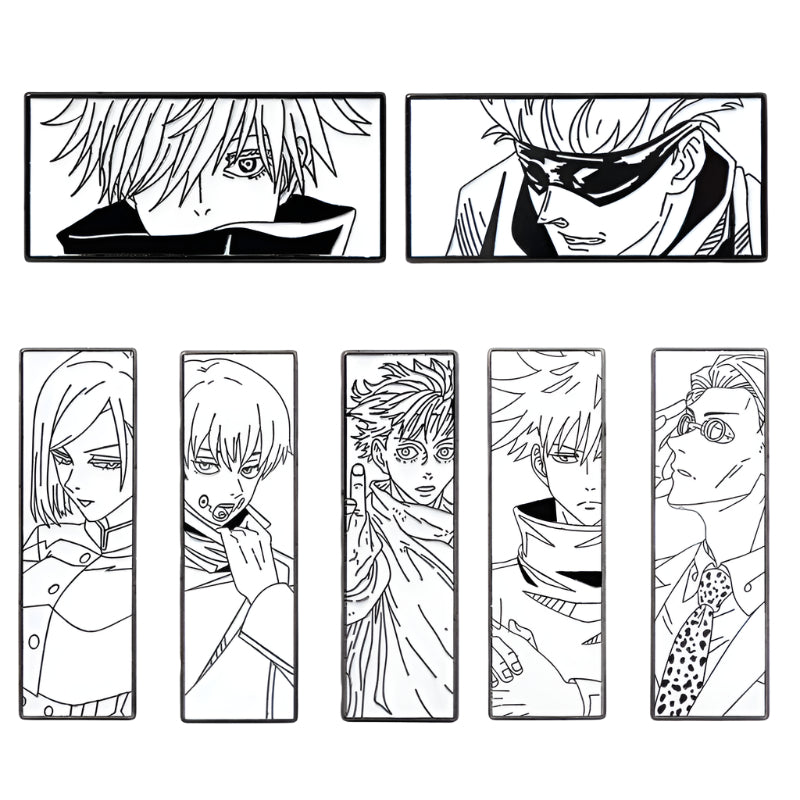 Jujutsu Kaisen Anime Brooch Set  Black & White Badge Collection Featuring Gojo, Nobara, Nanami, Yuta & More
